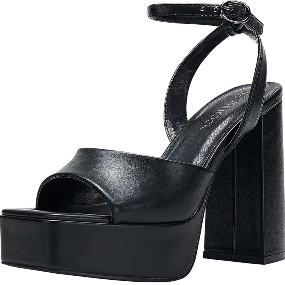Platform Heels Chunky Heel Sandals Square Toe - Picture 2 of 16